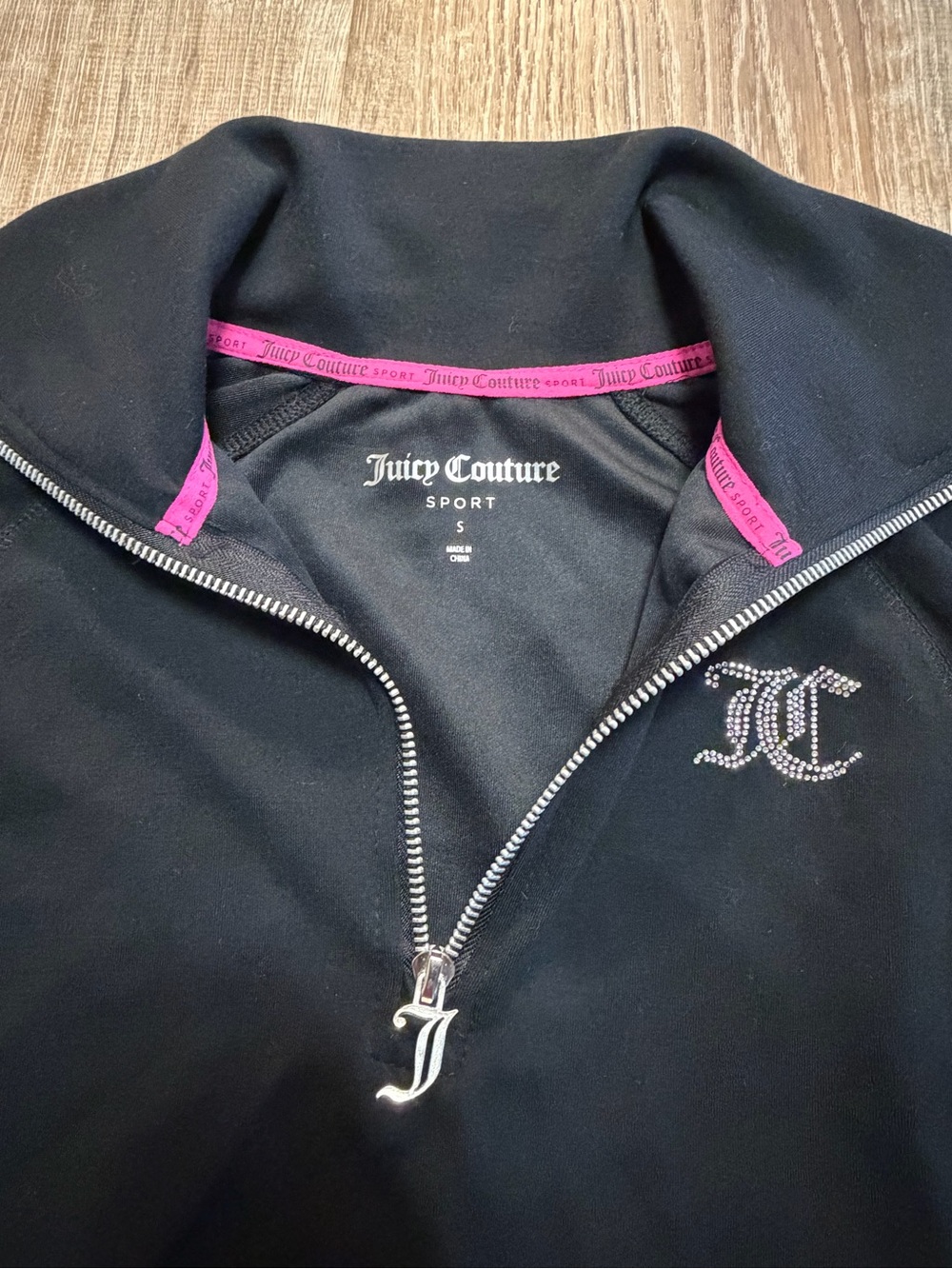 Juicy Couture Sport Black Rhinestone JC Half Zip Pullover Sweatshirt Y2K